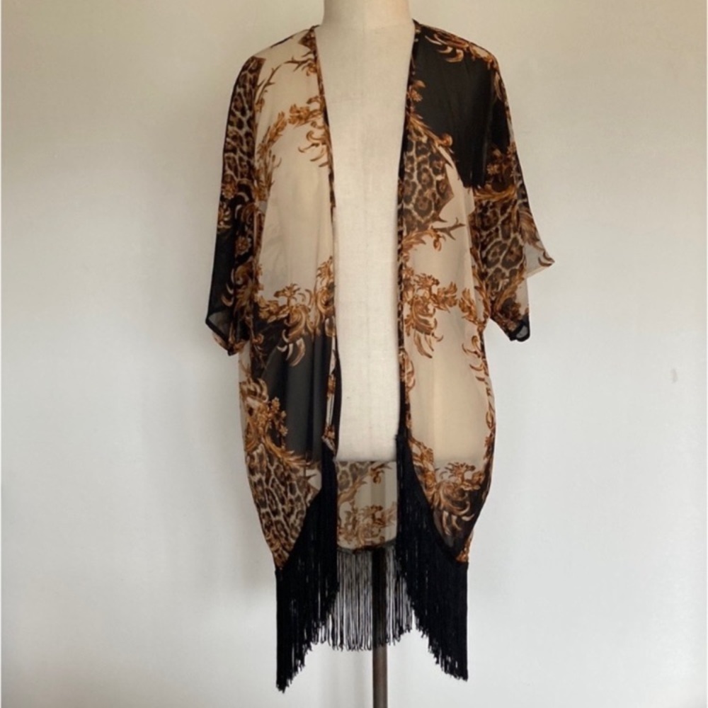 Romeo + Juliet Couture leopard print fringed kimono duster cover up M